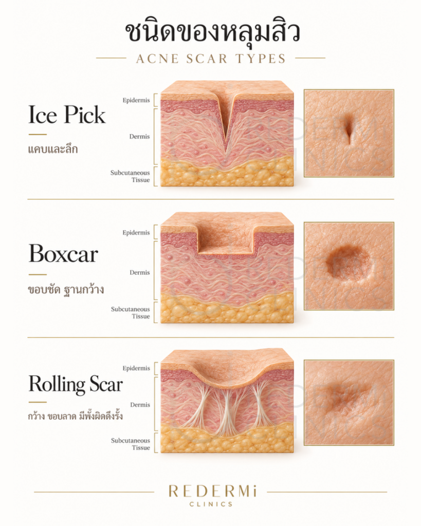 ชนิดของหลุมสิว Ice Pick Scar Boxcar Scar และ Rolling Scar